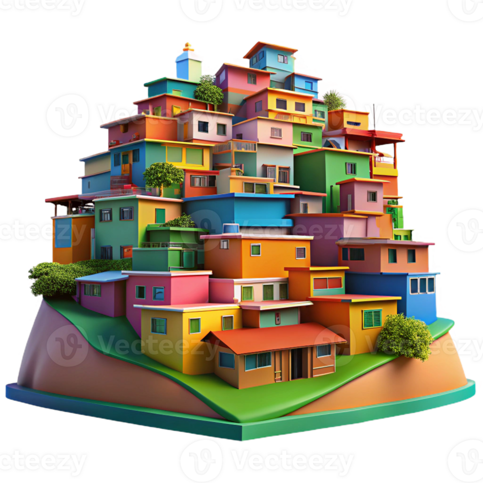 vibrant vintage A colorful favela built on a hillside, vibrant and lively, urban landscape, detailed png