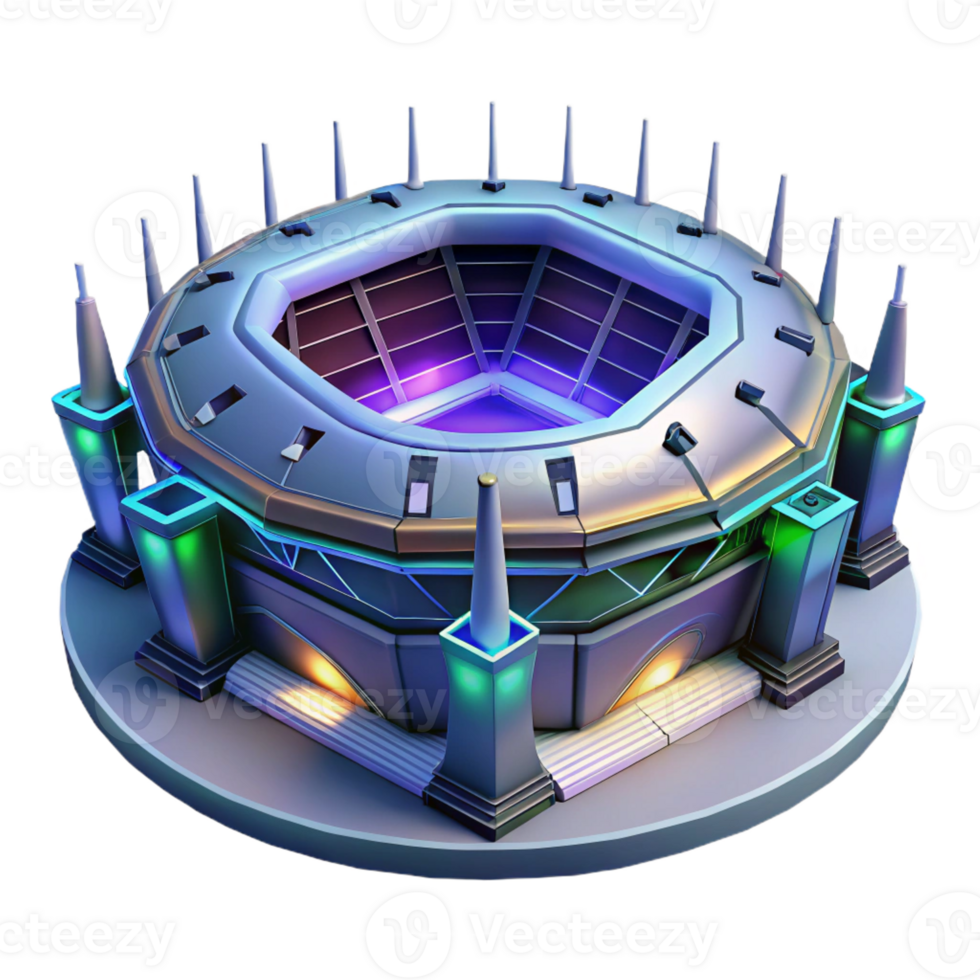 wonderful contemporary A futuristic, sleek sports stadium with holographic displays, night scene, neon lights, cyberpunk style, premium png