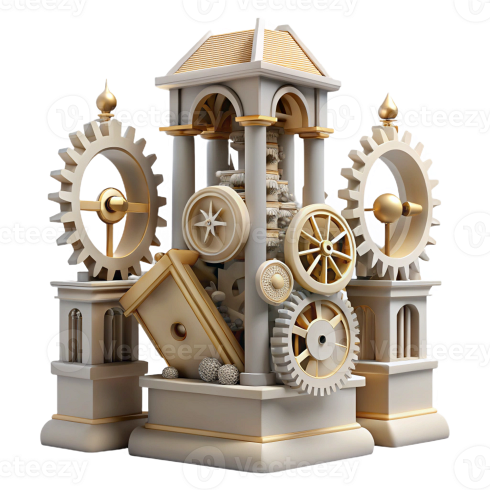 extraordinary classic Deconstructed clock tower, fragmented gears and dials, surreal, original png