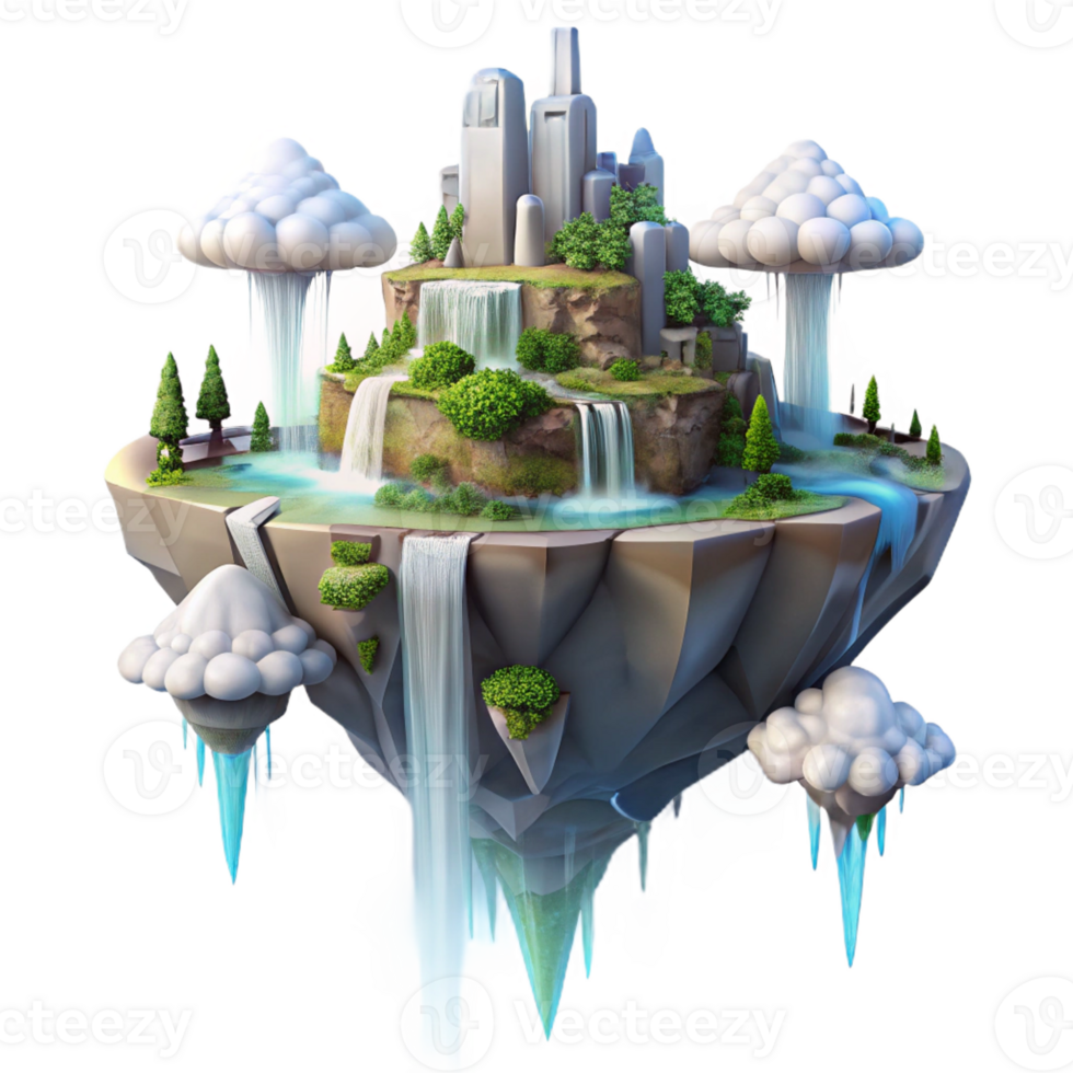 dramatic contemporary A floating island city with waterfalls cascading down the sides, ethereal atmosphere, dreamlike quality, digital art, genuine png