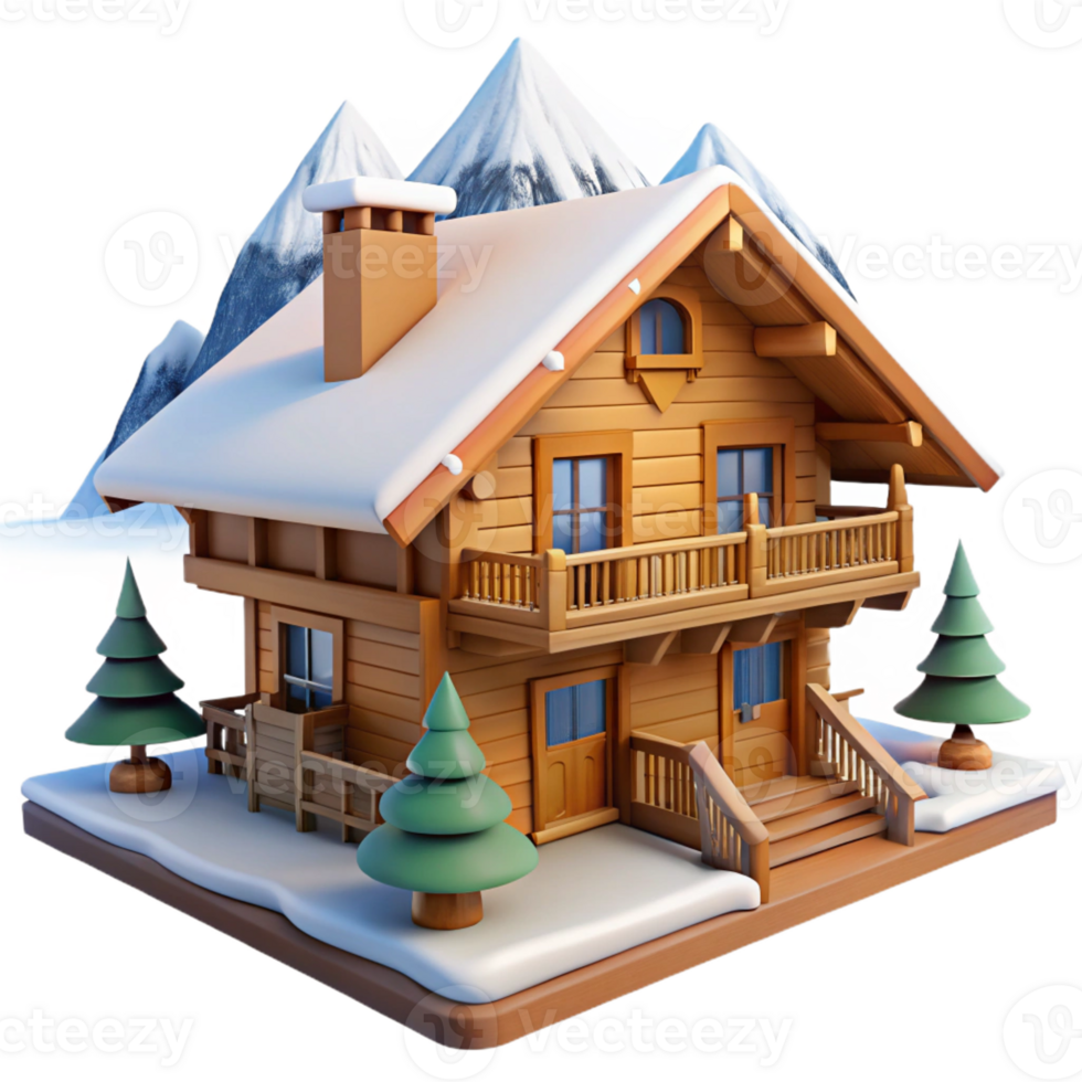 impressive contemporary A Swiss chalet, wooden balconies, snow-capped mountains in the background, picturesque, idyllic style detailed png
