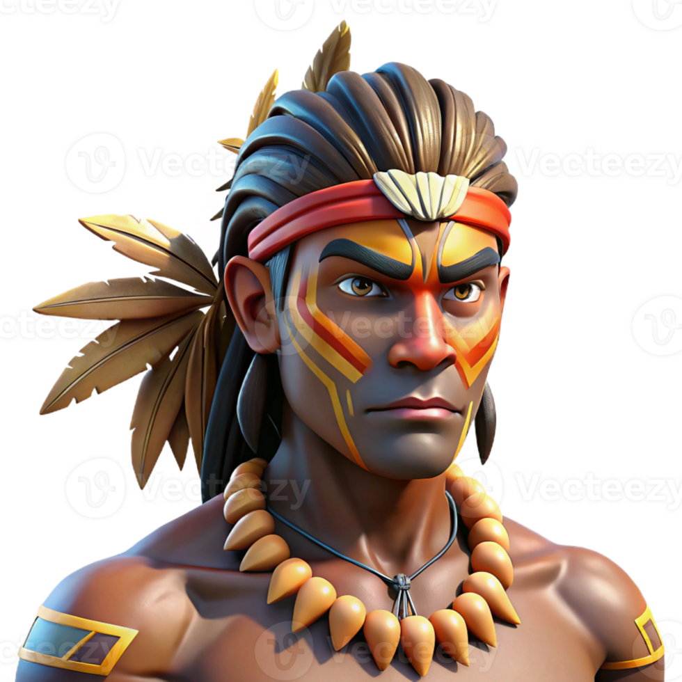 wonderful vintage Portrait of a tribal warrior with vibrant face paint and feathers, high-contrast lighting, National Geographic style high resolution png