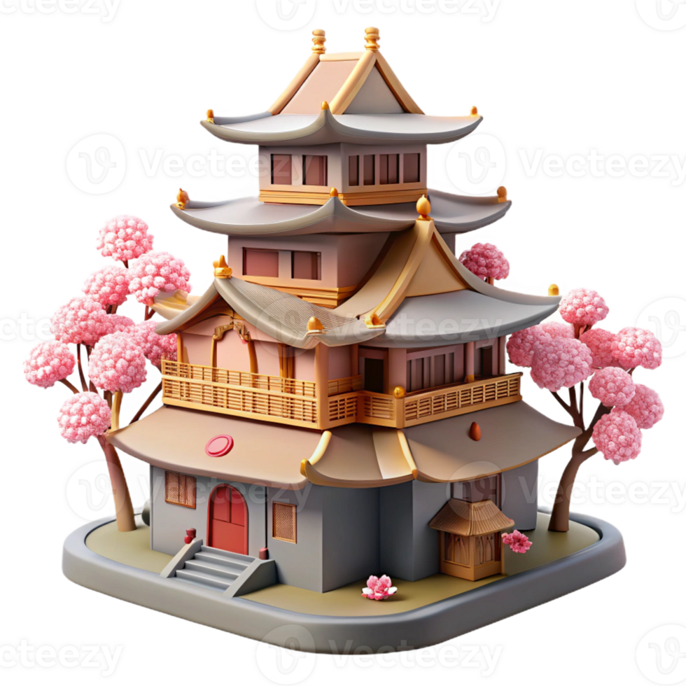elegant abstract A traditional Japanese castle with cherry blossoms in bloom, soft lighting, peaceful, ukiyo-e style, original png