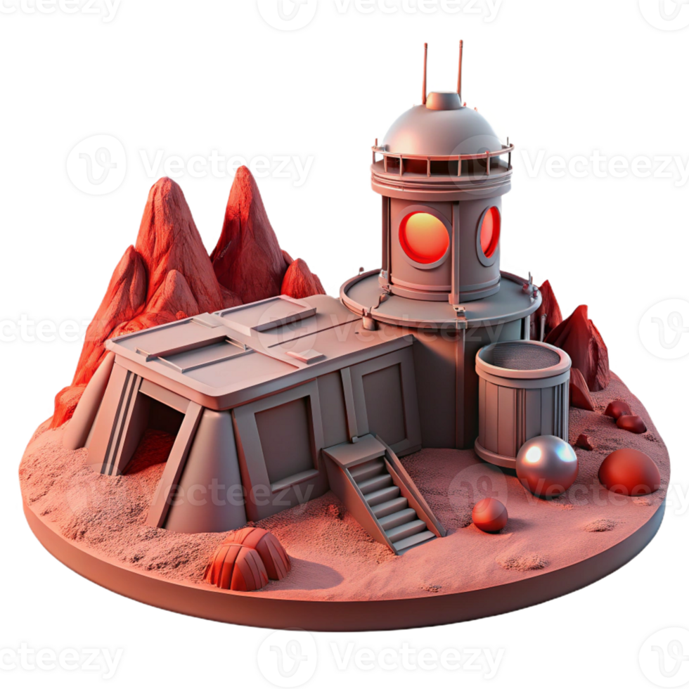serene traditional A desolate, Martian landscape with a futuristic research outpost, harsh red light, sci-fi, photorealistic, premium png