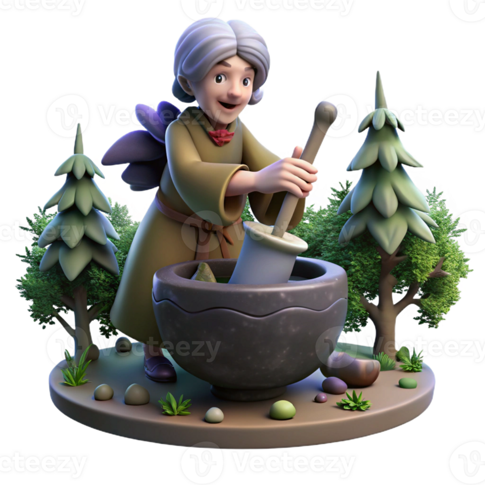 wonderful modern A powerful Slavic Baba Yaga flying in her mortar, pestle in hand, surrounded by dense forest, dark fantasy style, low lighting, authentic png