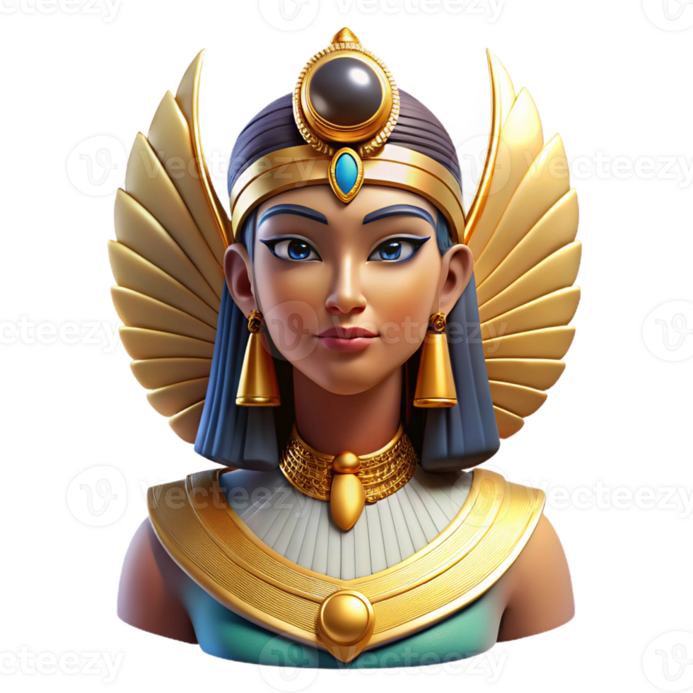 serene abstract The Egyptian goddess Isis, adorned with intricate hieroglyphic patterns and a radiant crown, art deco style high resolution png