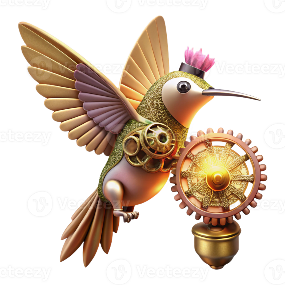 stunning creative A steampunk hummingbird with delicate, filigree wings made of gears and cogs, hovering near a clockwork flower, illuminated by a single spotlight premium png
