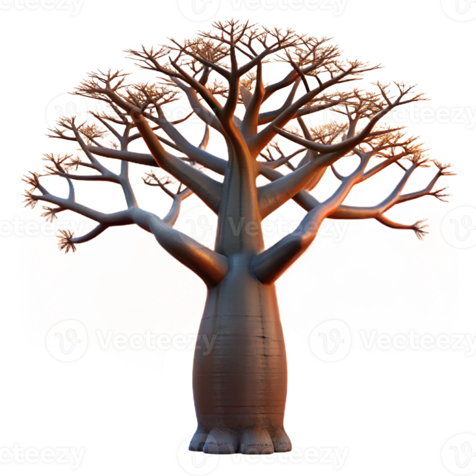 elegant abstract A colossal baobab tree silhouetted against a fiery sunset, its branches reaching like skeletal fingers, painted in a hyperrealistic style professional png