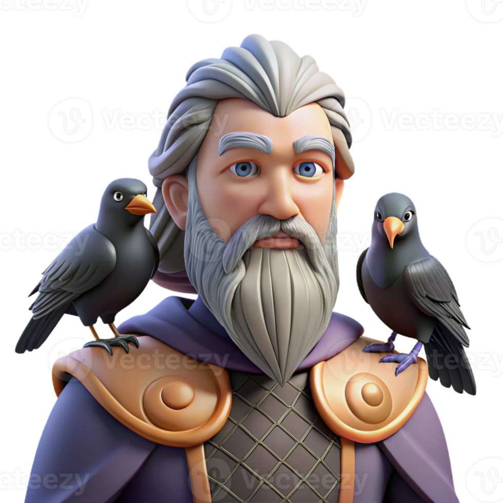 magnificent classic Odin with his ravens Huginn and Muninn, wise and stoic, Viking art style authentic png