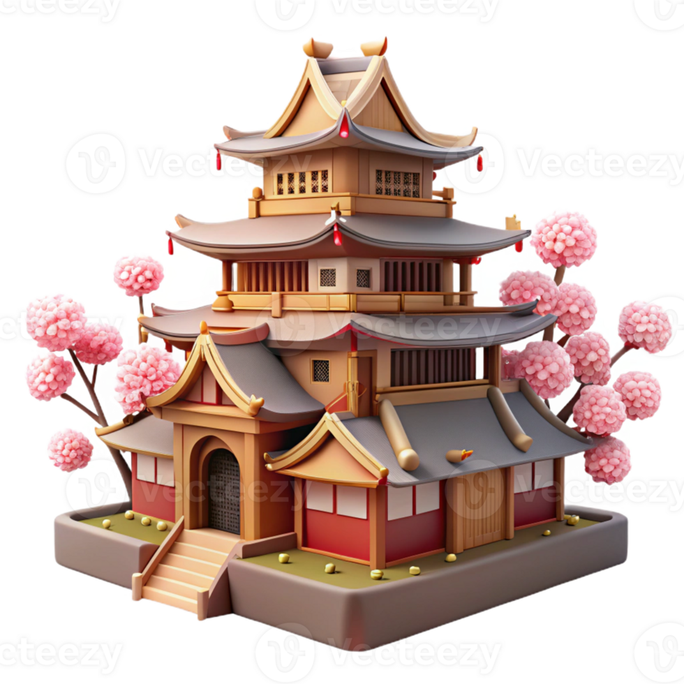 wonderful abstract A traditional Japanese castle with intricate wooden architecture and ornate roofs, cherry blossoms, soft light high quality png