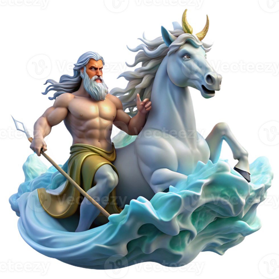 impressive rustic Poseidon commanding a storm-tossed sea from his chariot pulled by hippocamps, waves crashing around him, lightning illuminating the scene, Romantic style exclusive png