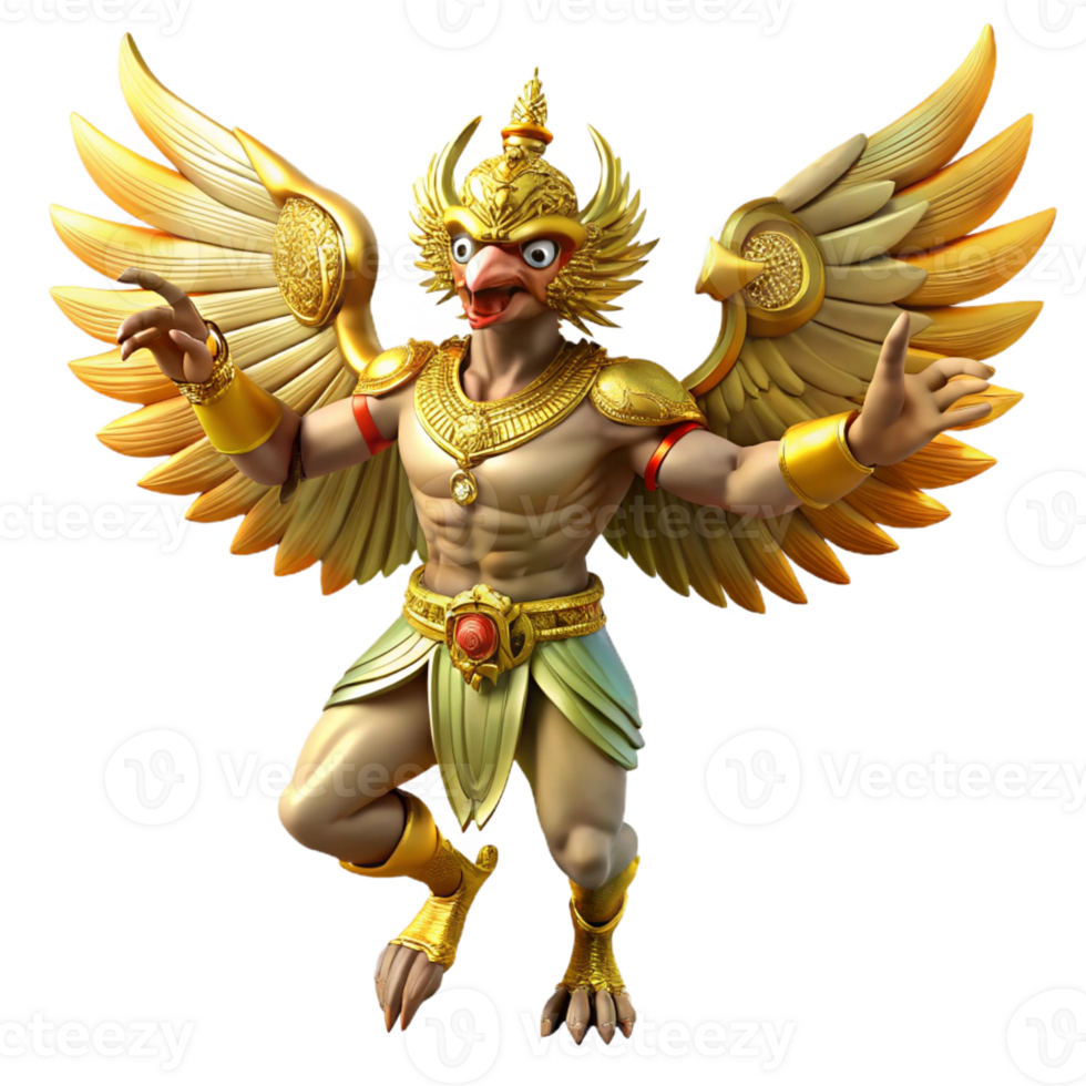 magnificent classic A powerful Garuda, Hindu mythical bird, with golden feathers and a human-like face, dynamic pose, fantasy art style exclusive png