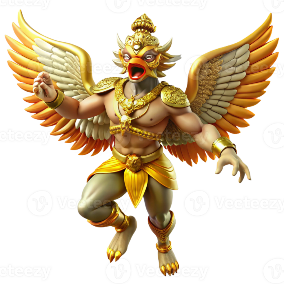 beautiful artistic A powerful Garuda, Hindu mythical bird, with golden feathers and a human-like face, dynamic pose, fantasy art style exclusive png