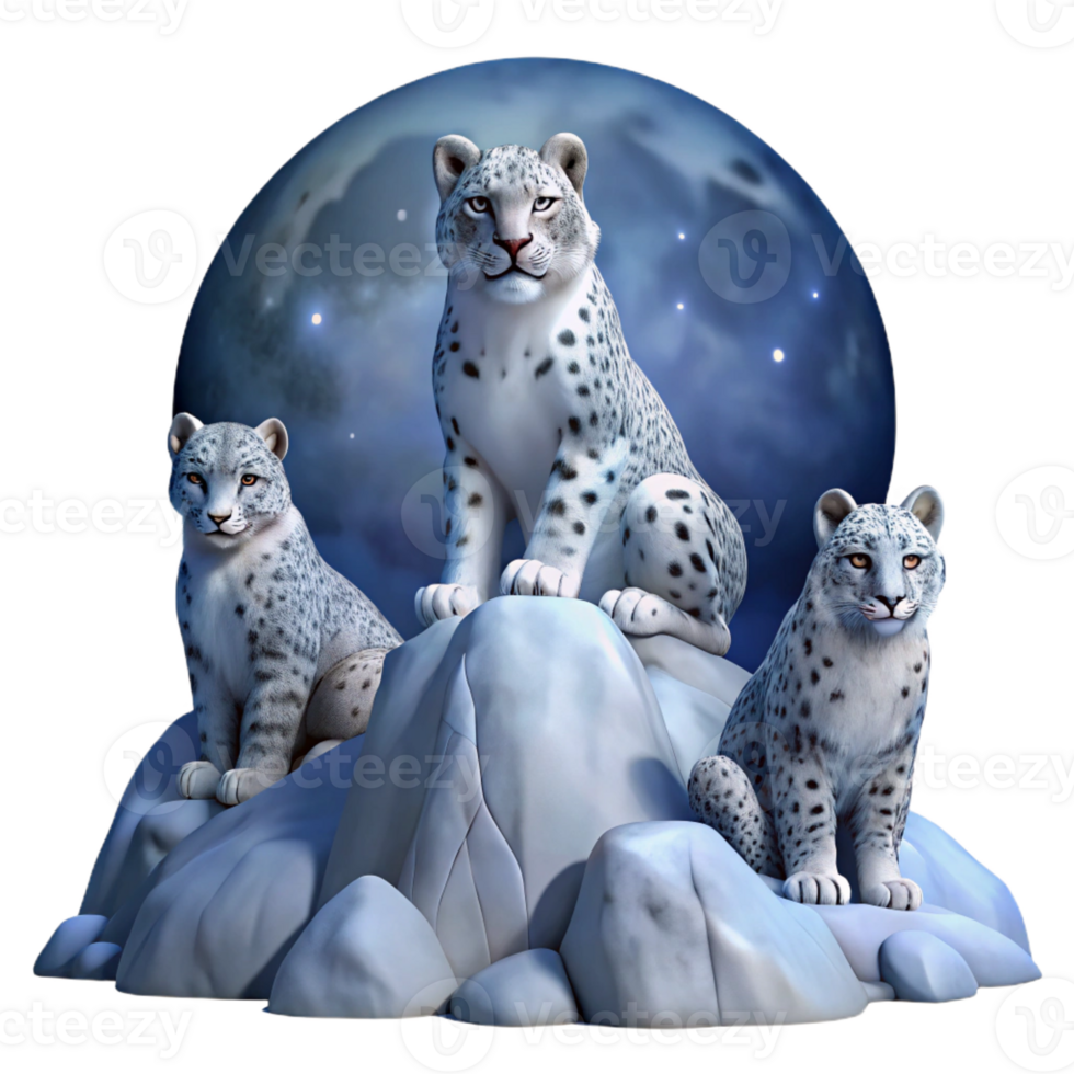 stunning modern Three majestic snow leopards perched on a jagged, snow-covered peak, under the light of a full moon, in a realistic painting style high quality png