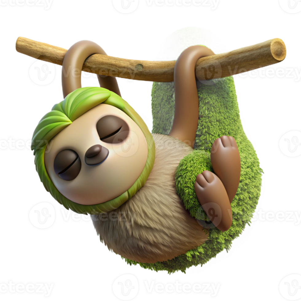 serene minimalist A sleepy sloth hanging upside down from a tree branch, its fur covered in moss and algae, in a quirky cartoon style professional png