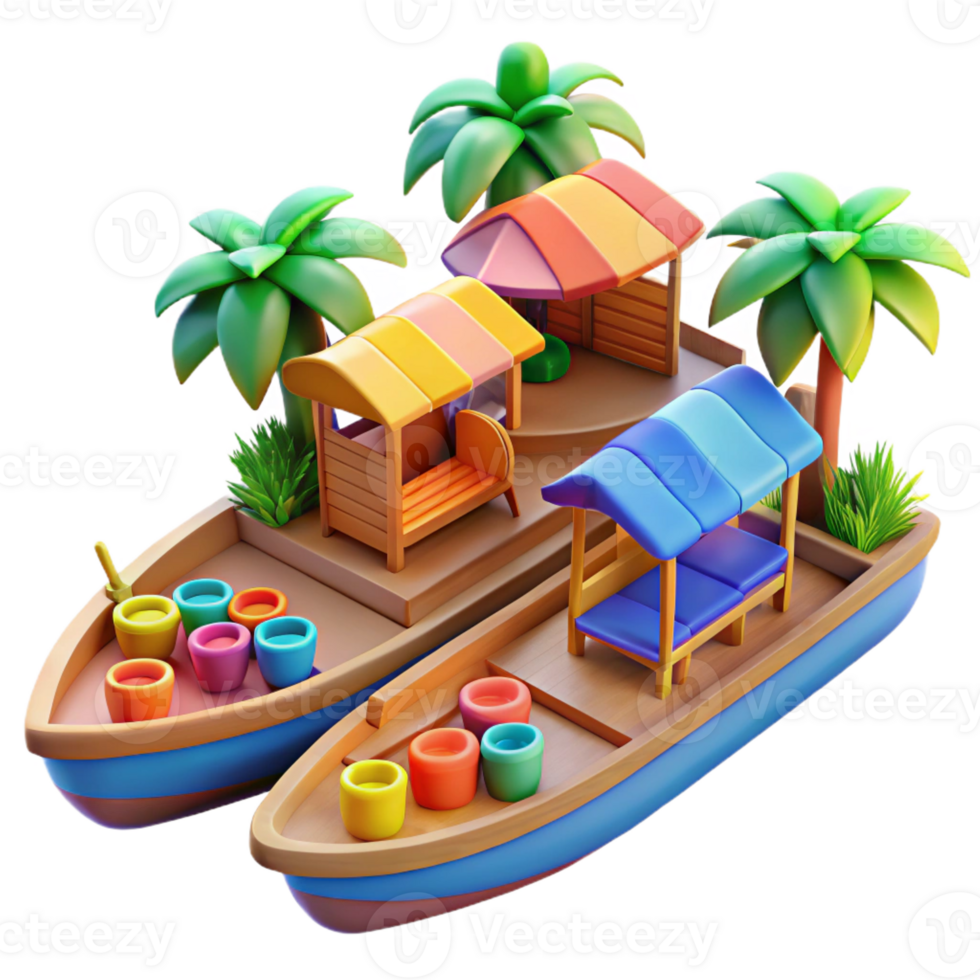 stunning modern Floating market, interconnected boats, vibrant colors, tropical setting, bustling, authentic png