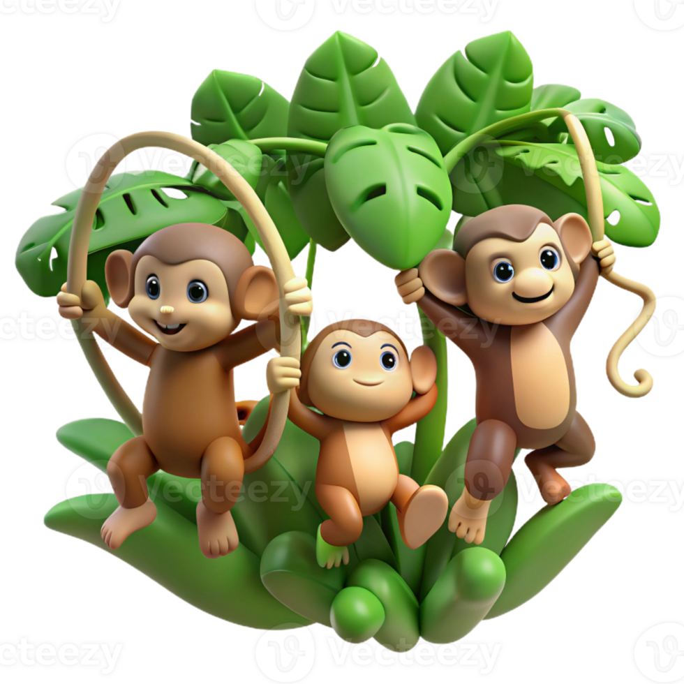 beautiful rustic A group of playful monkeys swinging through the jungle, dynamic poses and lush green foliage, cartoon style exclusive png