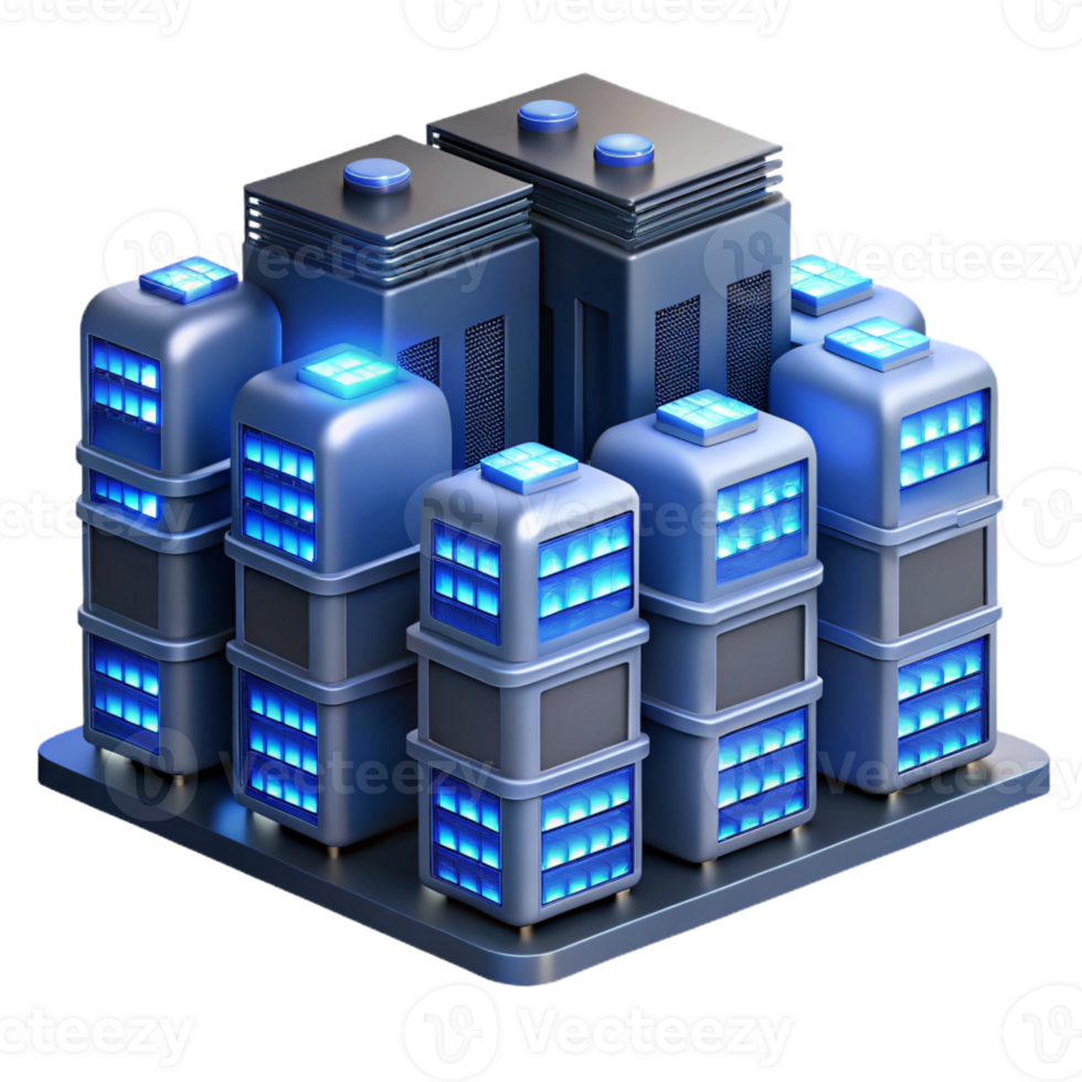wonderful creative A giant server farm, rows of blinking lights and humming machines, lit by cool blue server lights detailed png