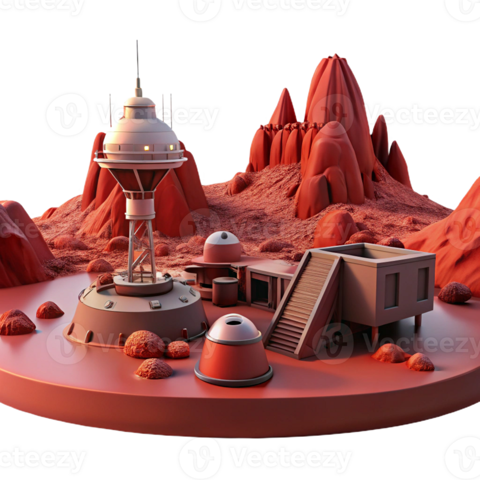 extraordinary modern A desolate, Martian landscape with a futuristic research outpost, harsh red light, sci-fi, photorealistic, high resolution png