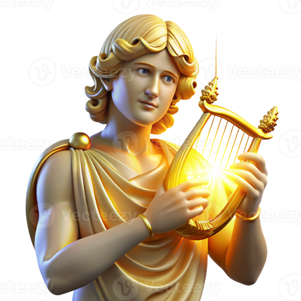 magnificent traditional A radiant Apollo playing a lyre, golden light emanating from his figure, rendered in a neoclassical style high quality png