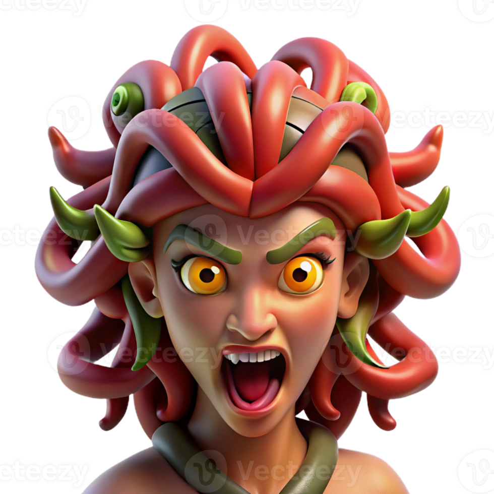 serene artistic A fierce gorgon with snakes for hair, eyes glowing red, dramatic lighting, comic book style authentic png