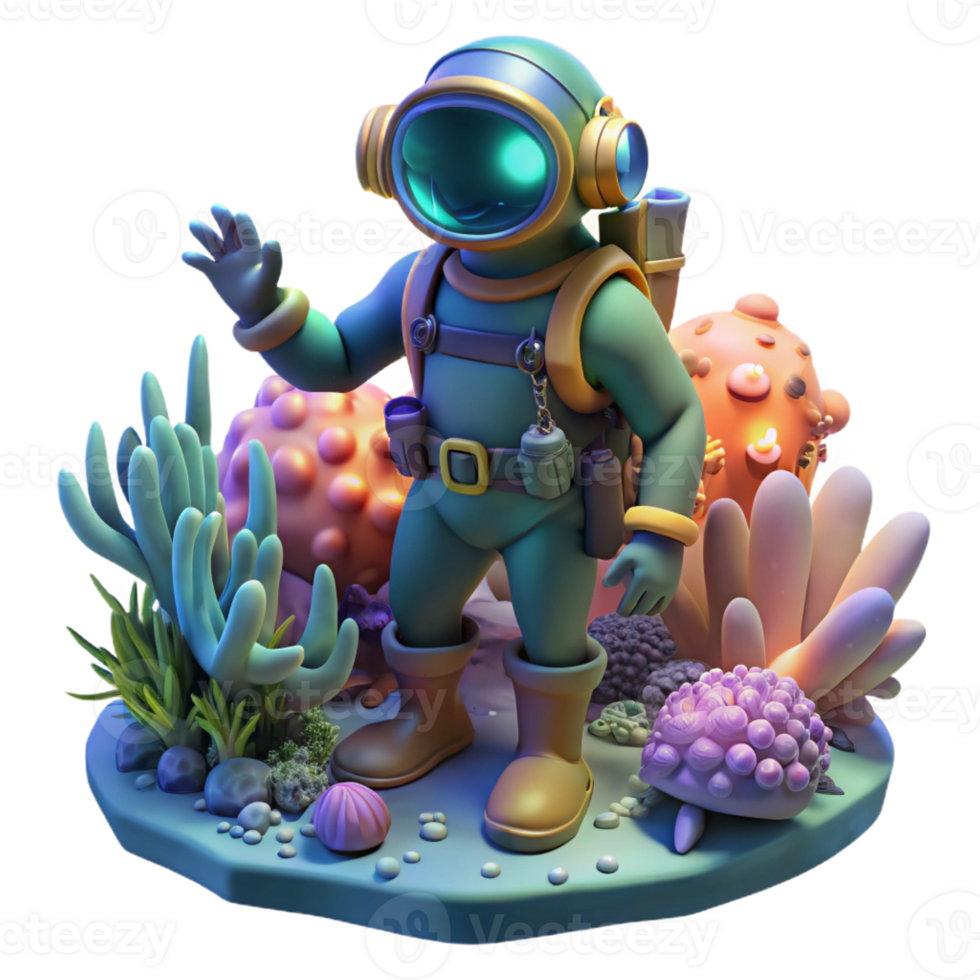 elegant creative A steampunk diver, exploring a coral reef filled with bioluminescent creatures, illuminated by the ethereal glow of the underwater world. Underwater lighting, fantasy art style 4K png