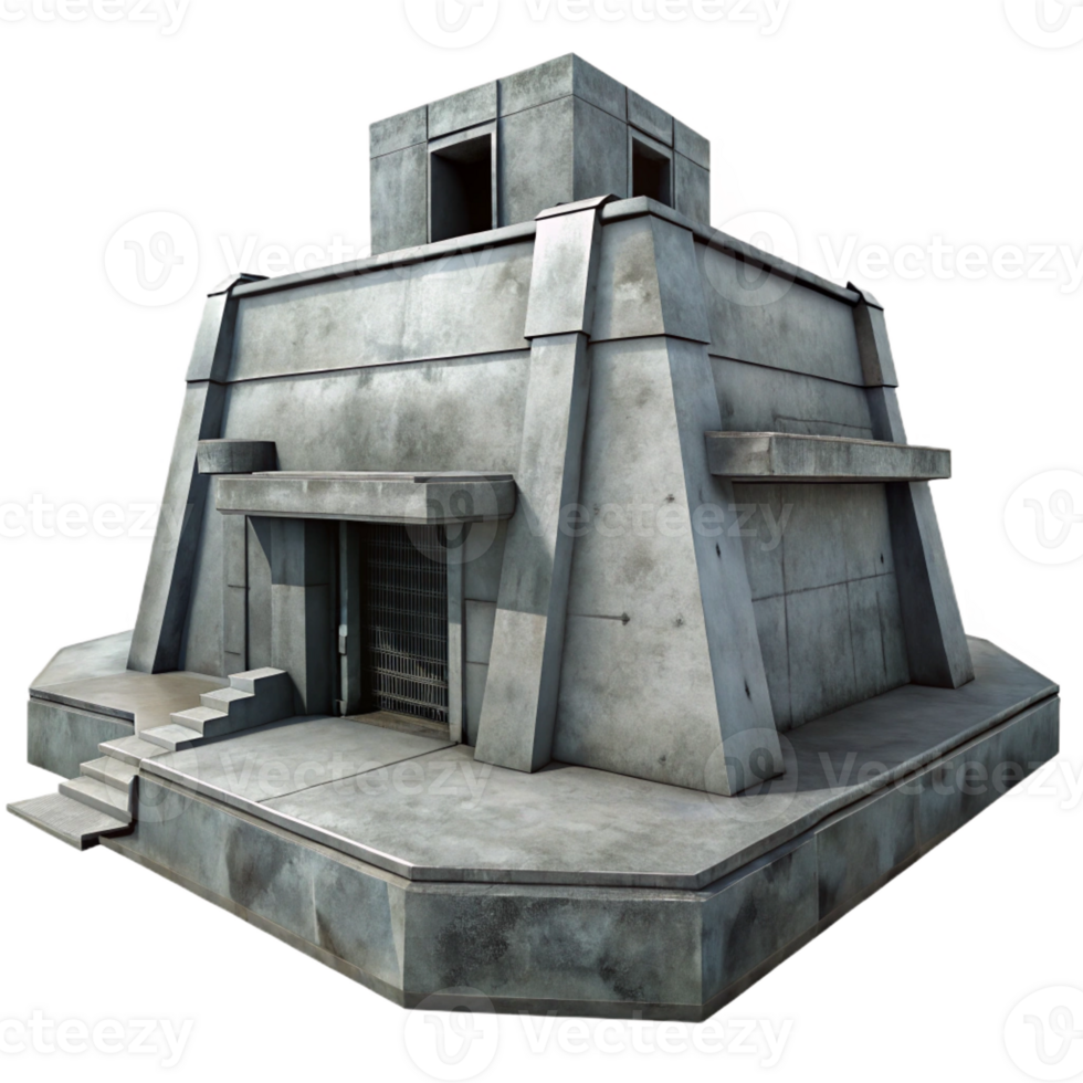 serene modern Brutalist concrete bunker, harsh shadows, overcast sky, dystopian setting, photorealistic, monochrome, high resolution png