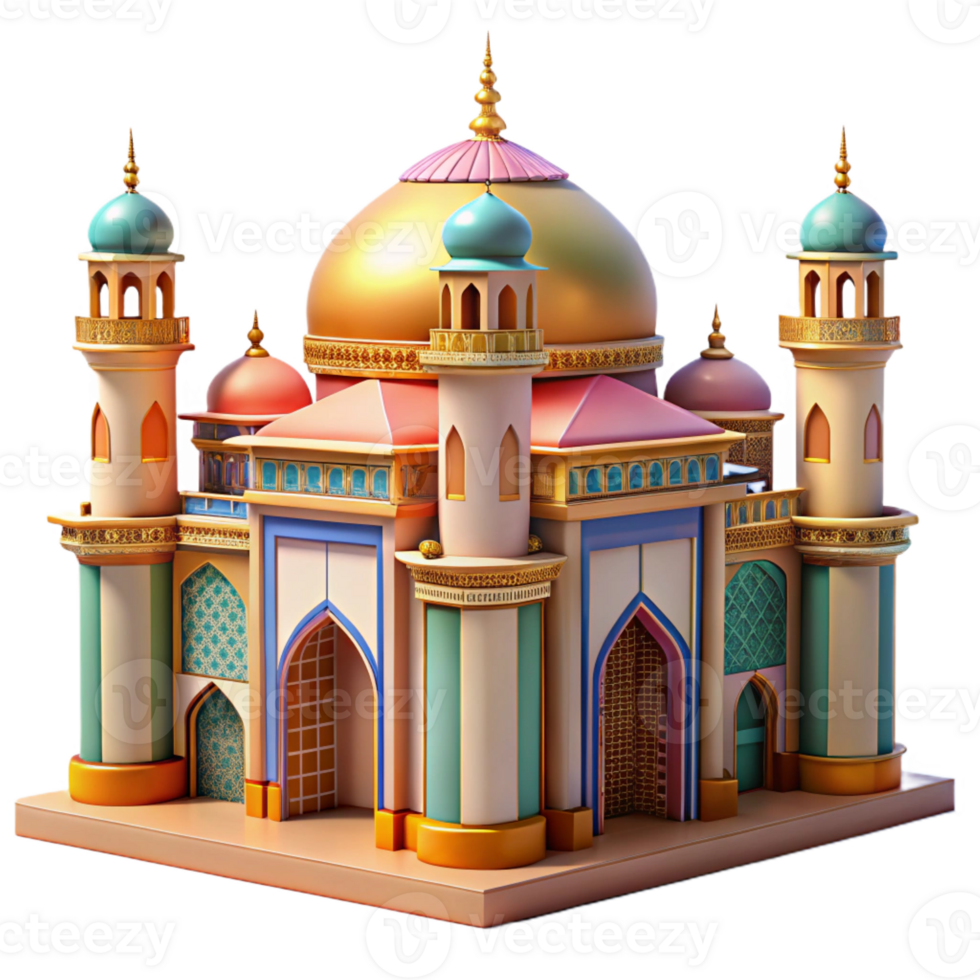 serene minimalist An intricate, Islamic mosque with colorful mosaics and ornate details, midday sun, vibrant, detailed textures, authentic png