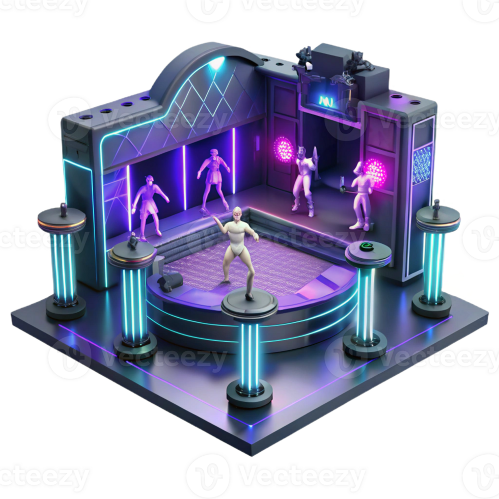 stunning contemporary Cyberpunk nightclub, neon signs, holographic dancers, dark and smoky atmosphere, futuristic, detailed png