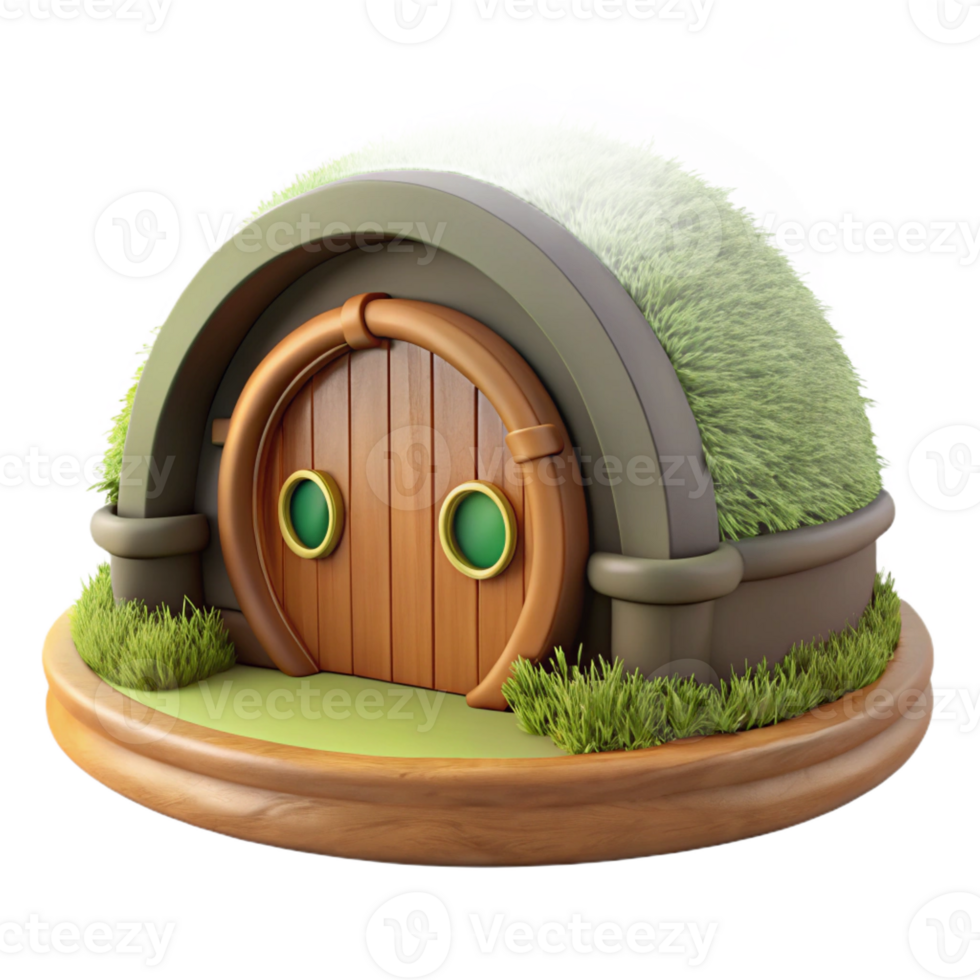 vibrant artistic A hobbit hole, nestled into a grassy hillside, round wooden door, cozy, whimsical style authentic png