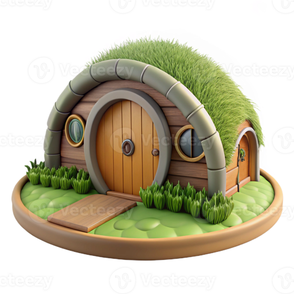wonderful traditional A hobbit hole, nestled into a grassy hillside, round wooden door, cozy, whimsical style original png