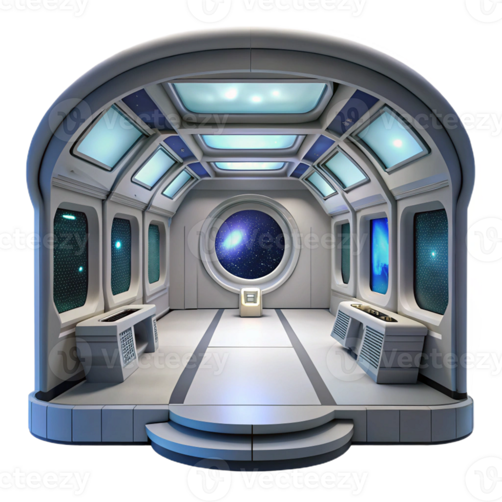 impressive classic A sleek, minimalist spaceship interior with panoramic views of space, soft interior lighting, futuristic, cinematic, authentic png