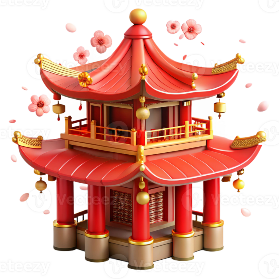 serene classic A traditional Chinese pagoda, vibrant red and gold details, intricate carvings, surrounded by cherry blossoms, soft lighting high quality png