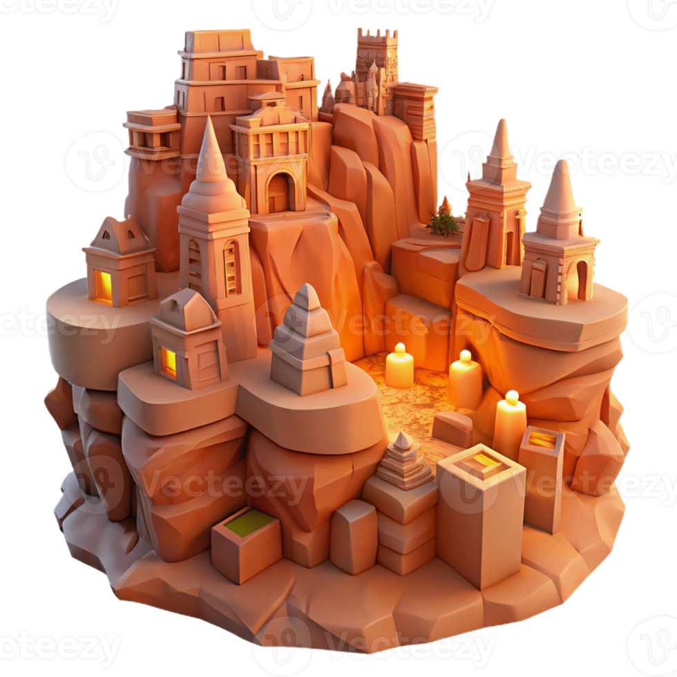 impressive minimalist A desert canyon city carved into the rock face, intricate carvings and warm earthy tones, sunset lighting 4K png