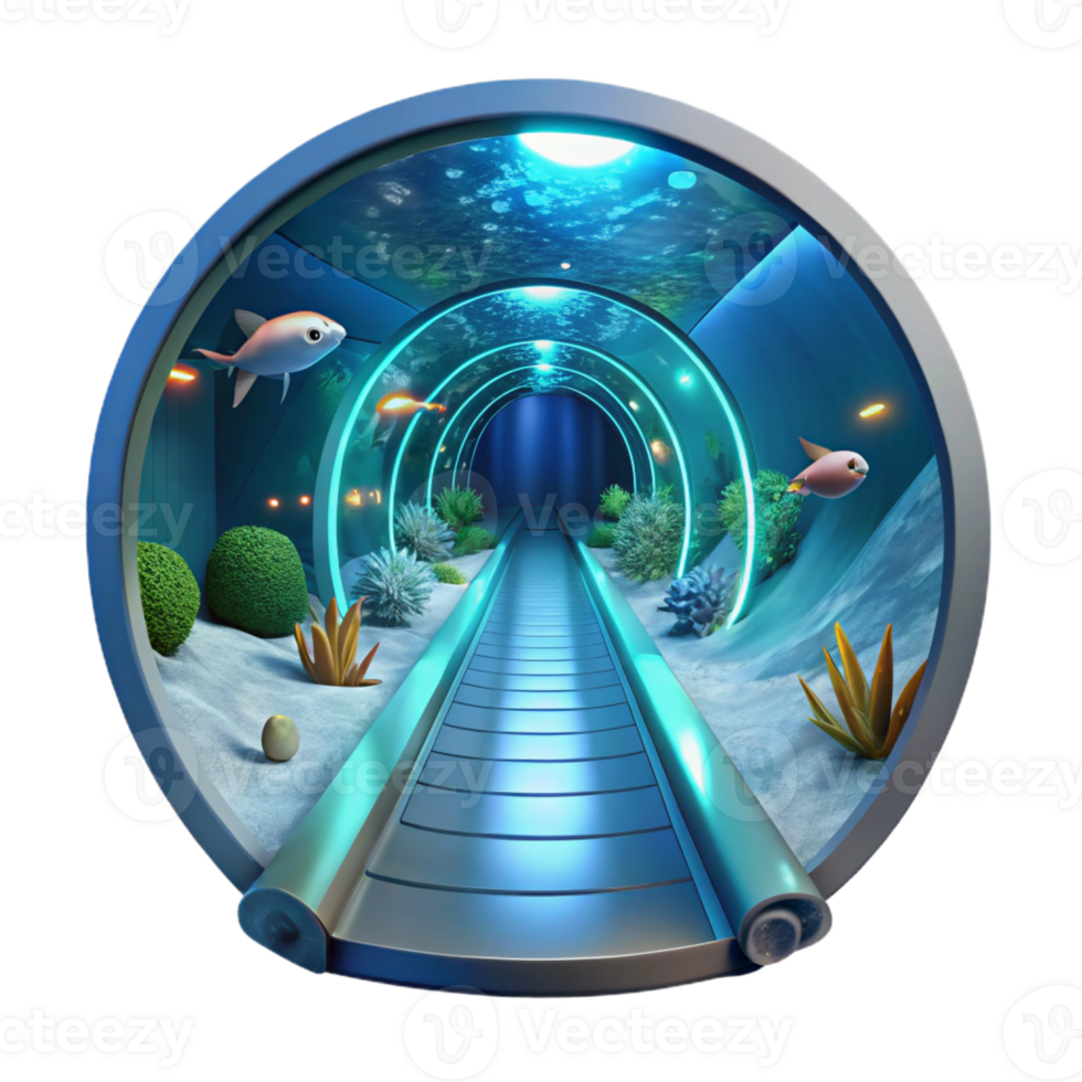dramatic abstract A futuristic, transparent underwater tunnel with views of marine life, deep ocean lighting, sci-fi, cinematic, high quality png