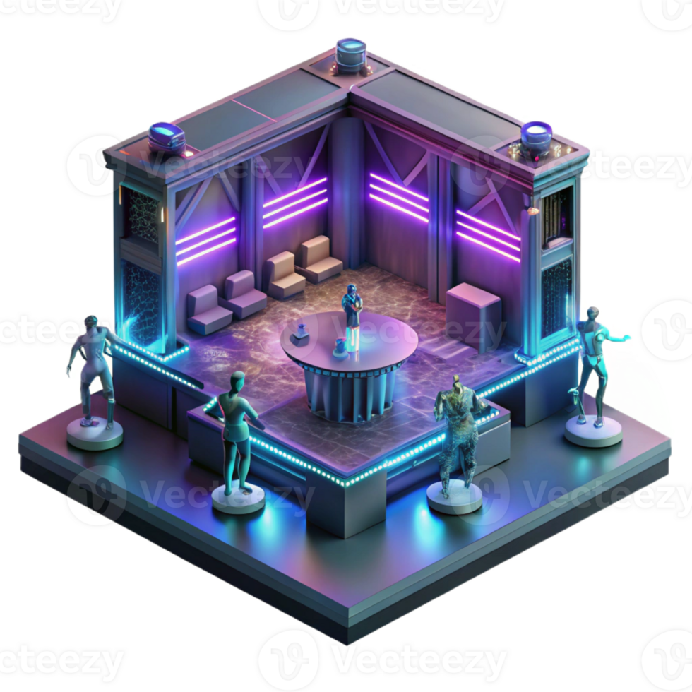 elegant rustic Cyberpunk nightclub, neon signs, holographic dancers, dark and smoky atmosphere, futuristic, genuine png