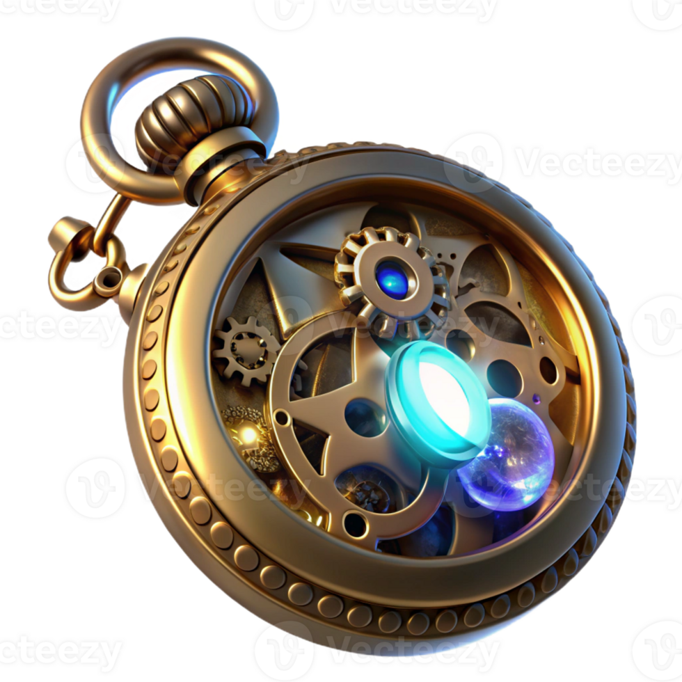 serene vintage A close-up of a steampunk pocket watch, with intricate gears and glowing gemstones, illuminated by a single beam of light. Macro photography lighting, photorealistic style exclusive png