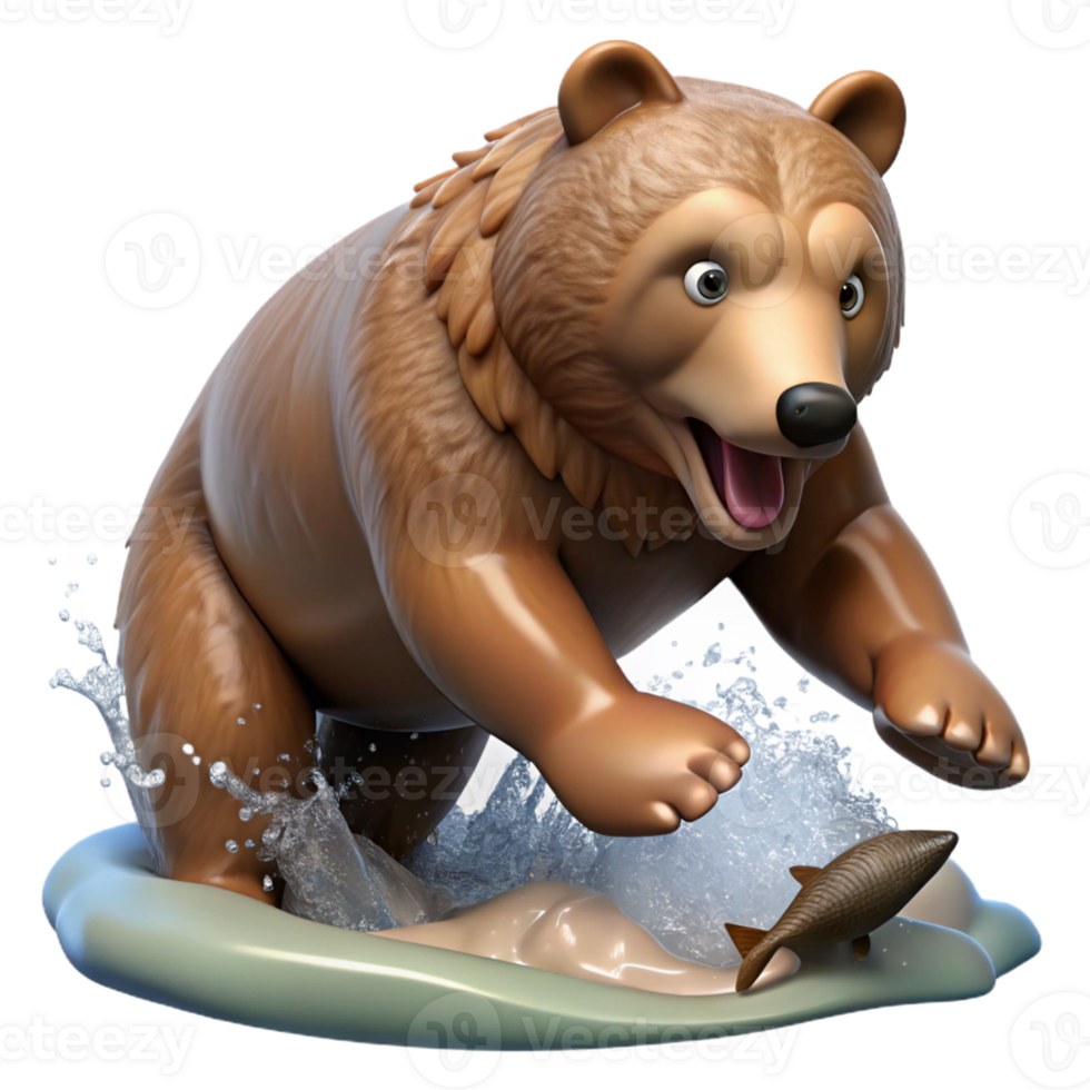 impressive classic A grizzly bear catching a salmon in a rushing river, action shot, realistic style, premium png