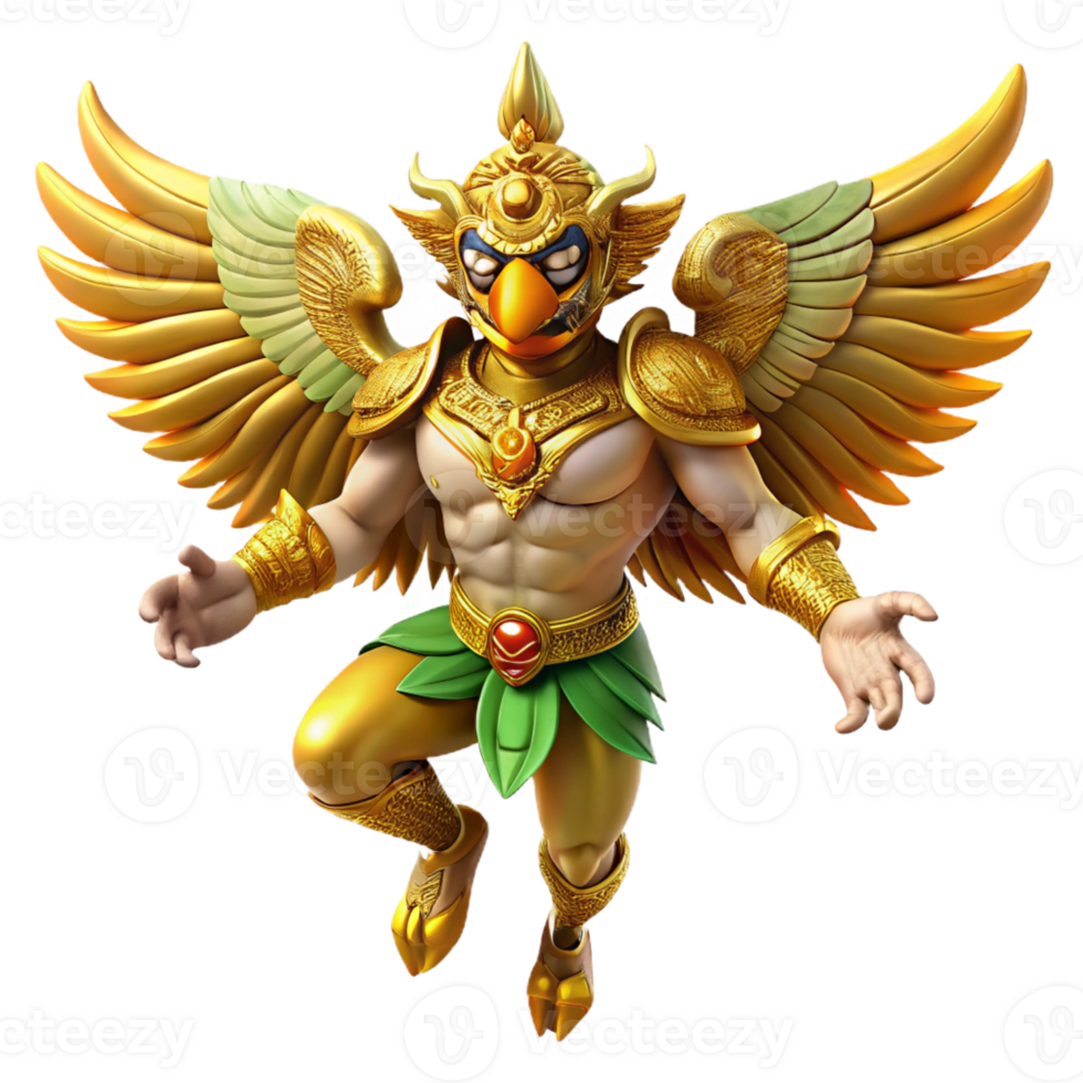 extraordinary rustic A powerful Garuda, Hindu mythical bird, with golden feathers and a human-like face, dynamic pose, fantasy art style 4K png