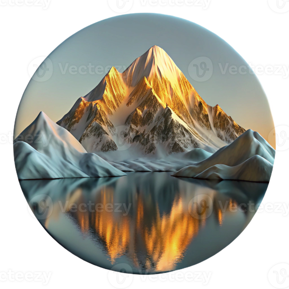 elegant abstract A majestic snow-capped mountain range reflected in a crystal-clear alpine lake, golden hour lighting, photorealistic style high quality png