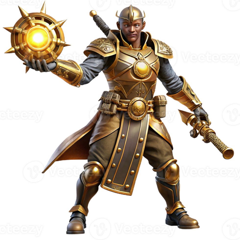 wonderful vintage A full-body shot of a steampunk warrior in ornate armor, wielding a glowing energy weapon, dynamic pose, dramatic backlighting original png