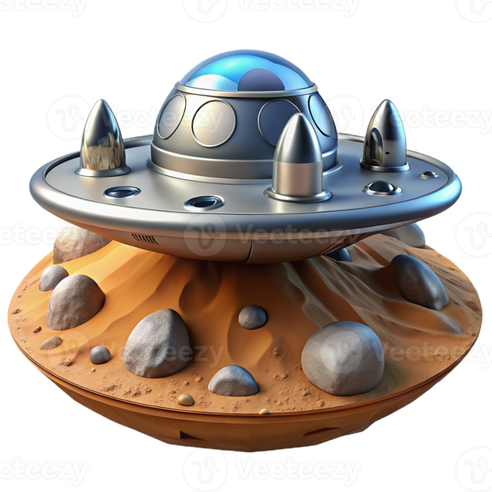 magnificent creative A futuristic spaceship landing on a desolate alien planet, sleek and metallic design, illuminated by the ship's engines and the alien landscape professional png