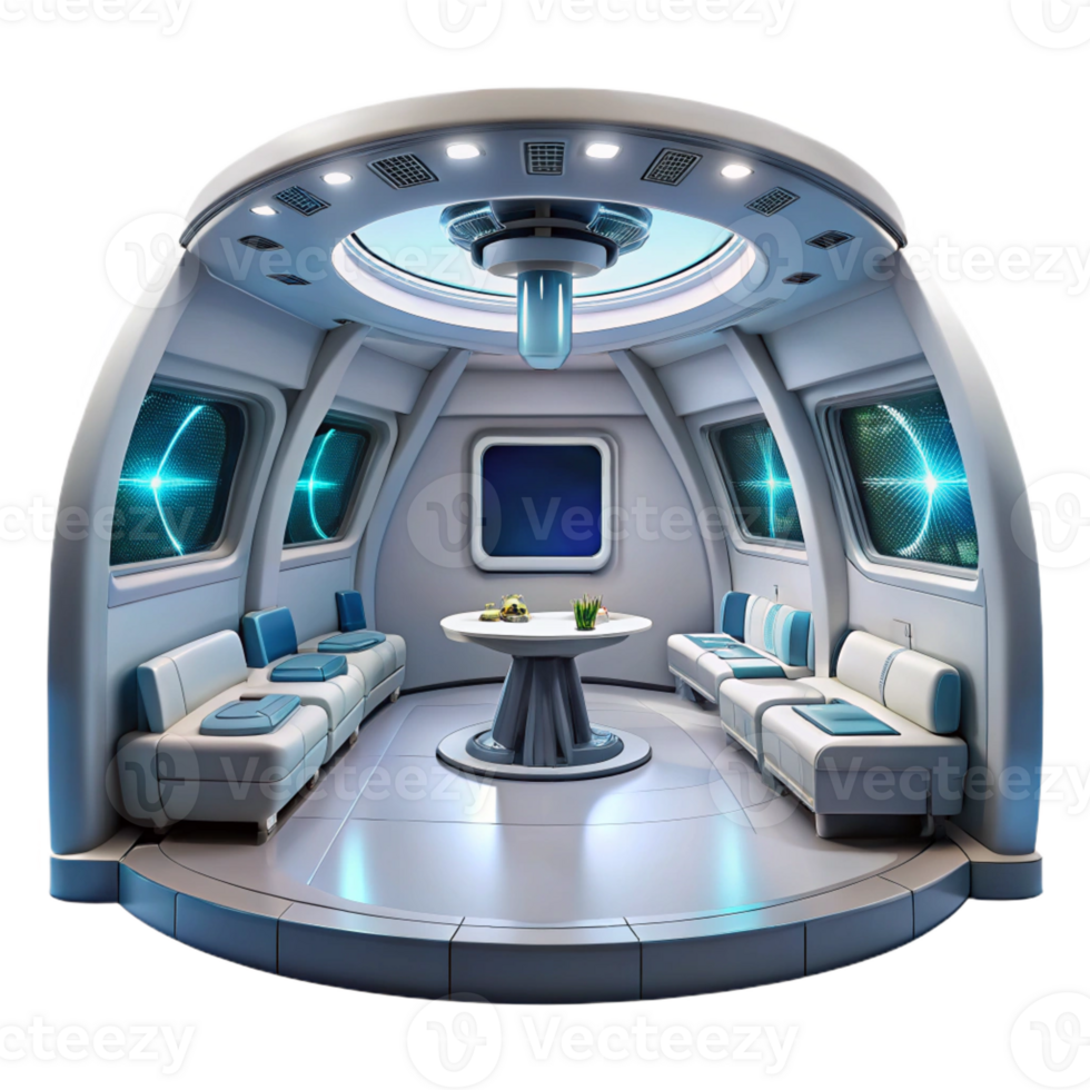 beautiful modern A sleek, minimalist spaceship interior with panoramic views of space, soft interior lighting, futuristic, cinematic, high quality png