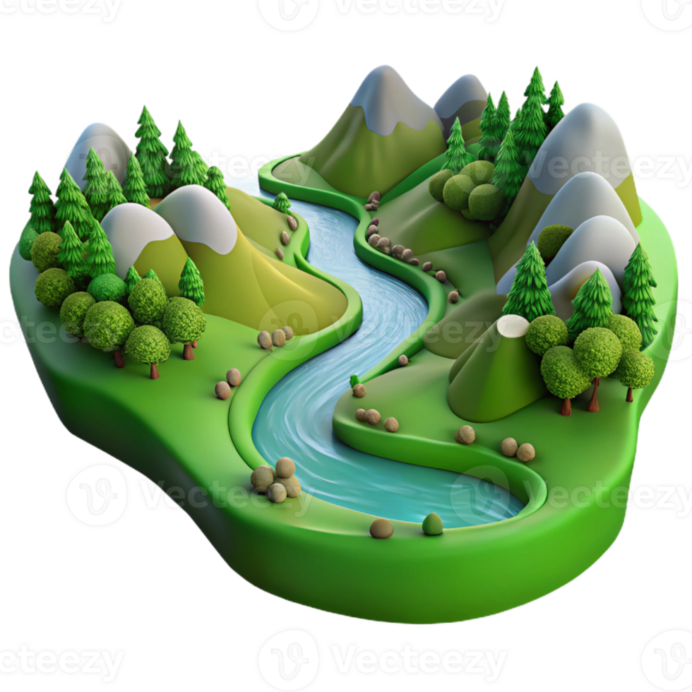 serene contemporary A winding river flowing through a lush green valley, seen from a high vantage point, in a panoramic, landscape style exclusive png