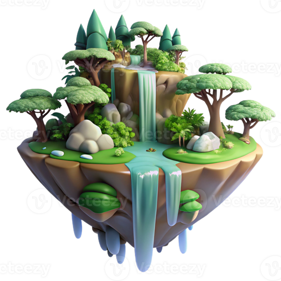 elegant contemporary A floating island with waterfalls cascading down its sides, lush vegetation, fantasy setting, soft light exclusive png