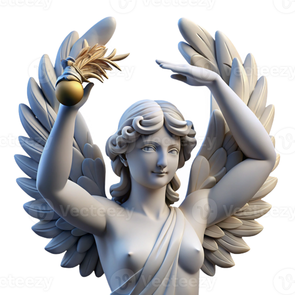 dramatic traditional A winged Nike holding a laurel wreath, triumphant pose, classical Greek sculpture style, soft natural light exclusive png