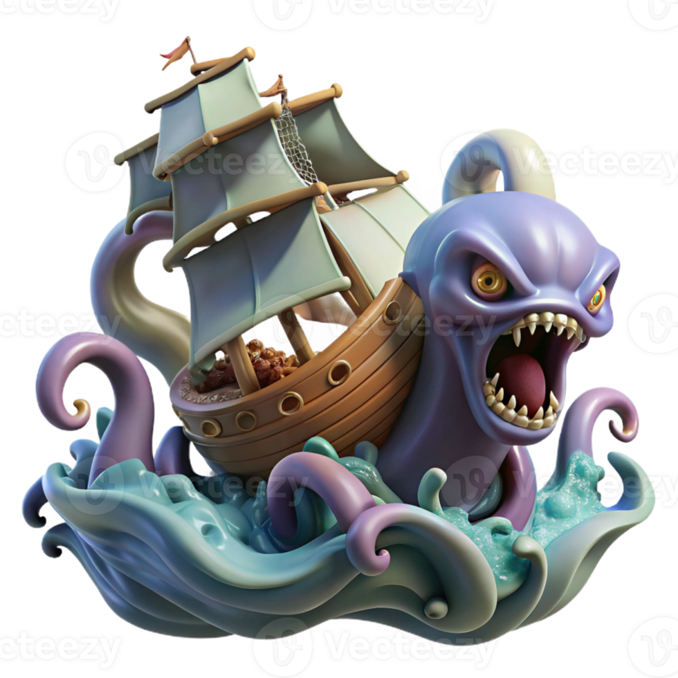 vibrant modern A fearsome kraken attacking a ship, waves crashing around it, dramatic lighting, realistic style authentic png