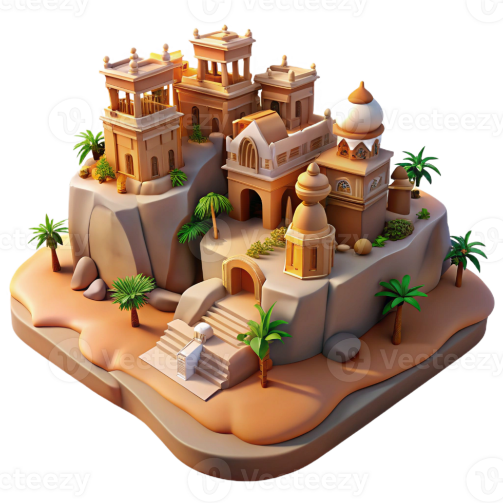 vibrant contemporary A desert oasis town built into sandstone cliffs, warm earthy tones, intricate carvings, sunset lighting high quality png