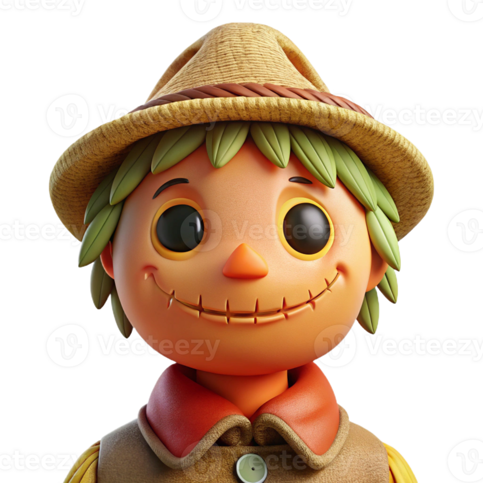 serene contemporary Portrait of a charming scarecrow with a stitched smile, warm autumnal lighting, whimsical folk art style, premium png