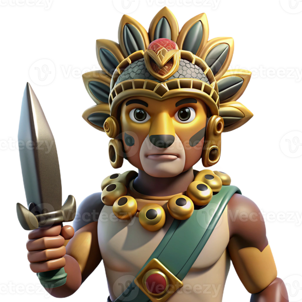 dramatic creative A stoic Aztec warrior wearing a jaguar headdress, holding a obsidian blade, Aztec codex style, dramatic lighting, authentic png